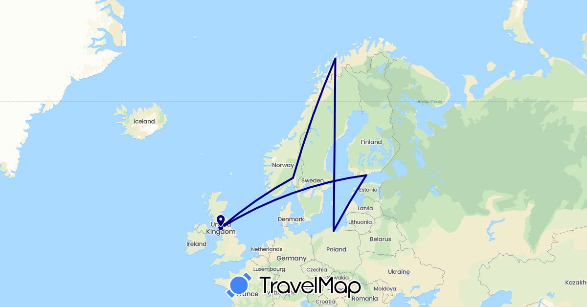 TravelMap itinerary: driving in Finland, United Kingdom, Norway, Poland (Europe)