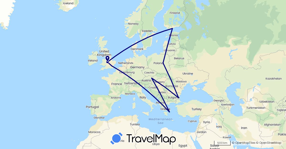 TravelMap itinerary: driving in Austria, Bulgaria, Finland, United Kingdom, Greece, Poland (Europe)
